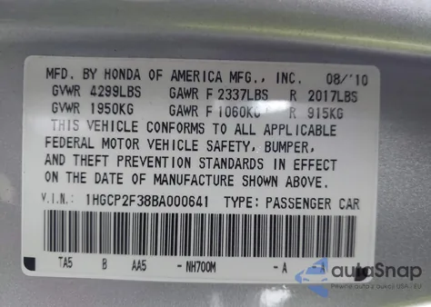 2011 Honda Accord 2.4 Lx from USA, damaged, VIN 1HGCP2F38BA000641